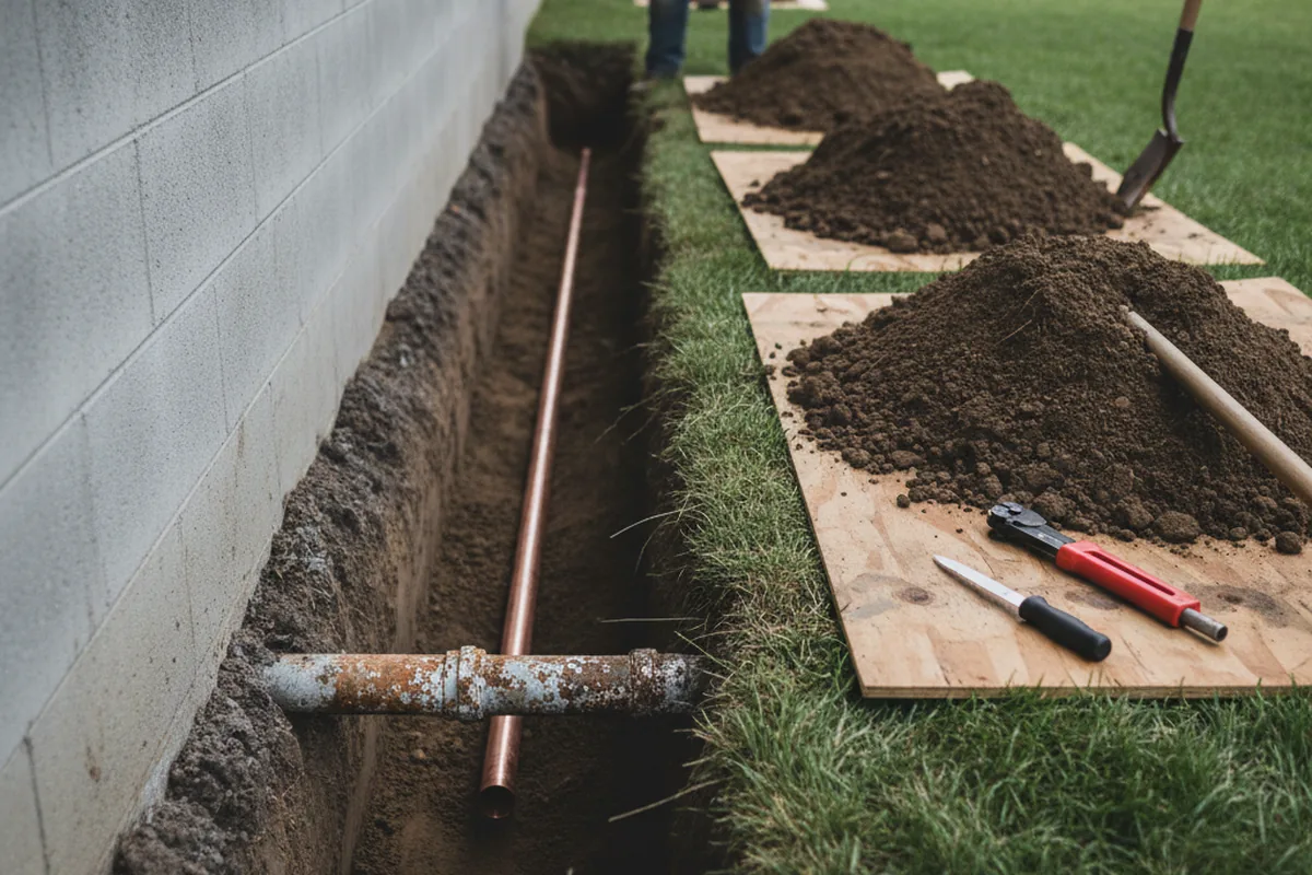 Excavated water line trench during Water Softener Installation in Elco